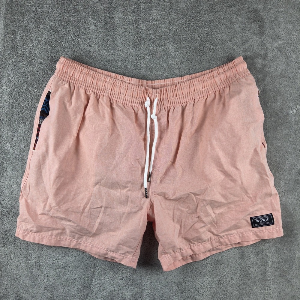 WOWIE Shorts Coral Pink Mens XL Drawstring Elastic Waist Aztec Pocket Trim